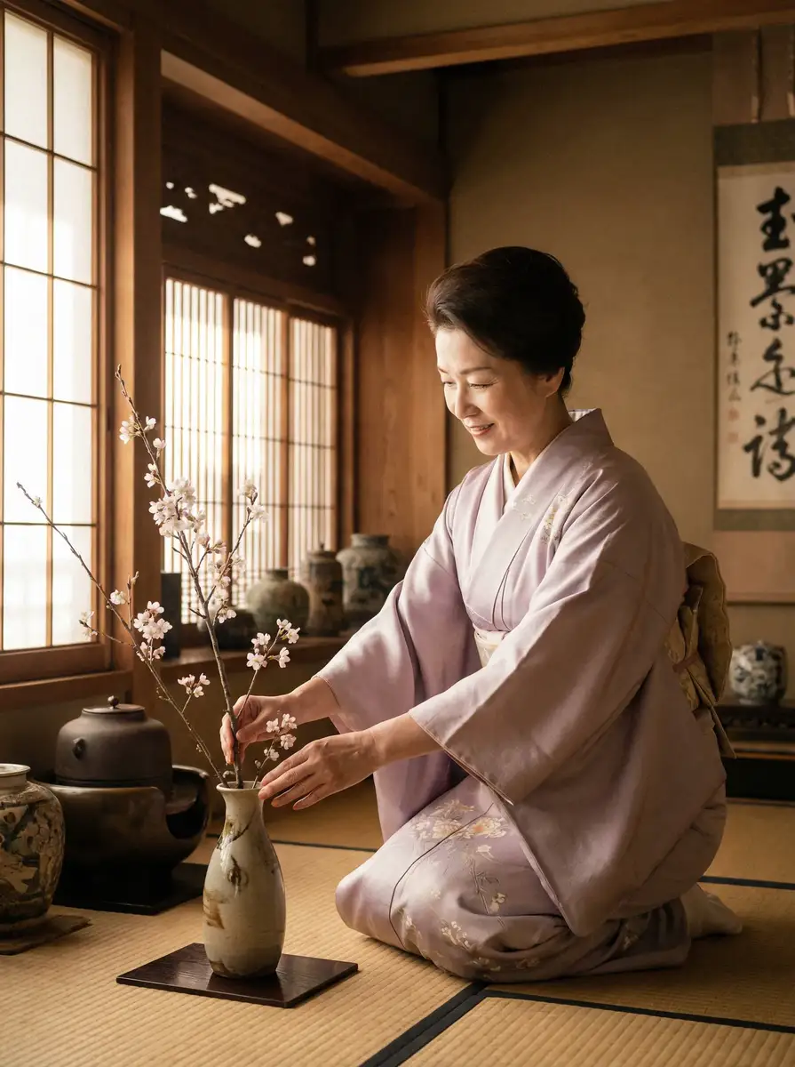 一位优雅的 女神视频-美女视频秀场|实时互动平台 在和室中插花